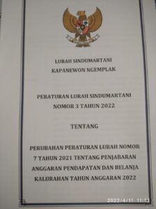 Perubahan Peraturan Lurah Nomor 7 Tahun 2021 tentang Penjabaran APBKal 2022